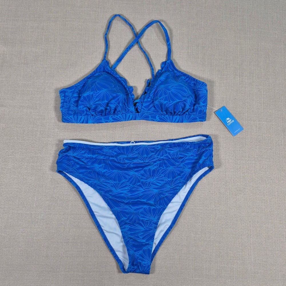 Cupshe Blue‎ Shell Print Scalloped Bikini Set High Waisted XL Swimsuit NWT